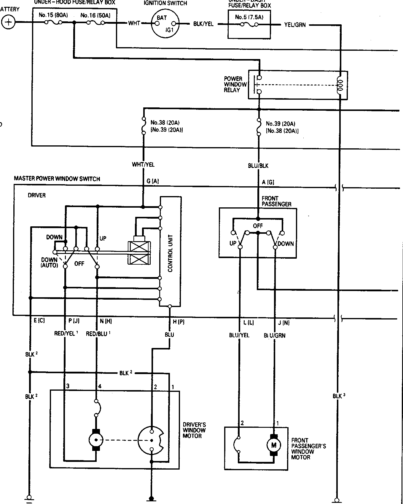 Electrical circuit diagram for the power window system showing connections between battery, fuses, ignition switch, power window relay, master power window switch, driver's window motor, and front passenger's window motor.