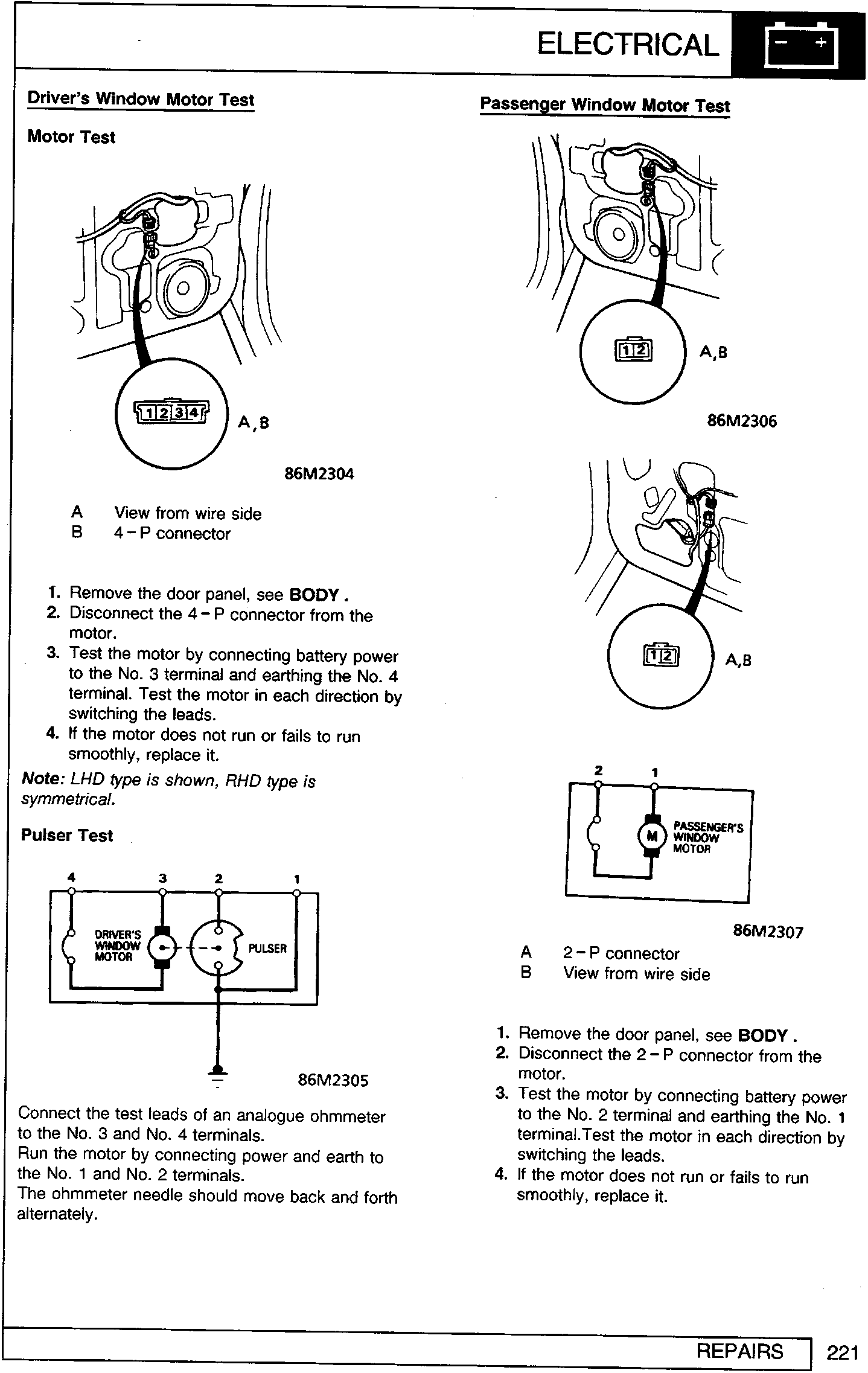 Diagram showing the driver's window motor connector with terminals 1, 2, 3, and 4 labeled A,B