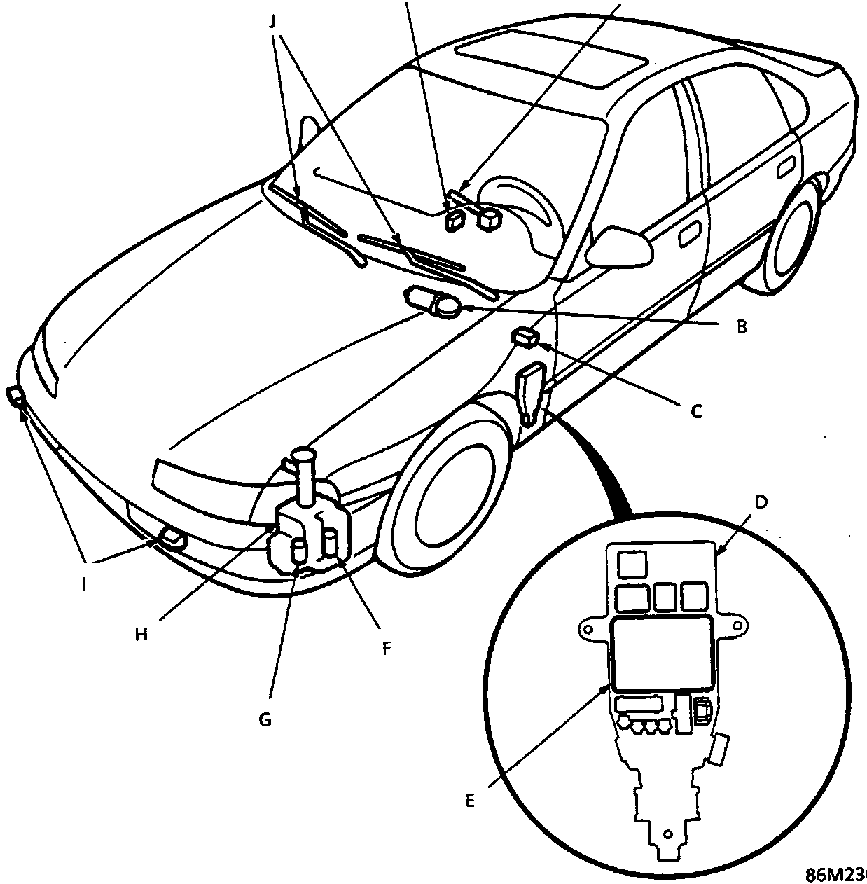 Diagram of front vehicle section showing locations of wiper and washer components with callout letters A through K. Includes an inset circle detailing the passenger compartment fuse relay box (D and E).