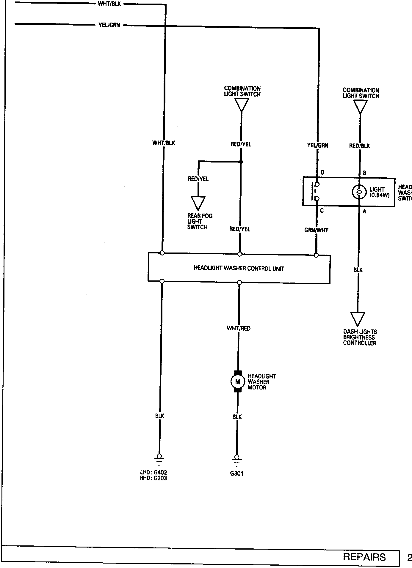 Schematic wiring diagram for the headlight washer system showing the combination light switch, rear fog light switch, headlight washer control unit, headlight washer motor, dash lights brightness controller, and headlight washer switch with wire color codes.