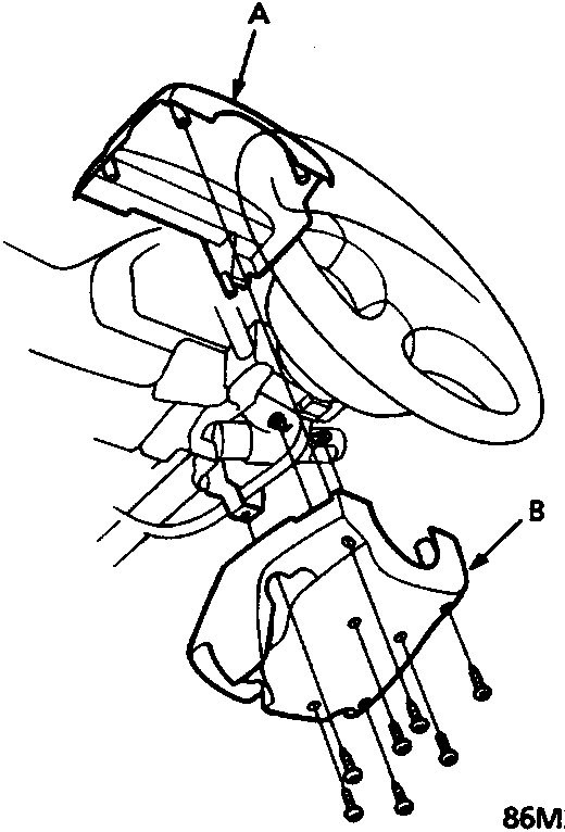 Diagram showing steering column upper and lower covers with callouts A (Column upper cover), B (Column lower cover).