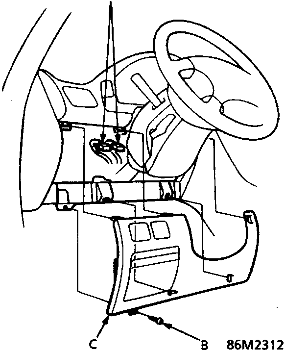 Diagram showing dashboard lower cover area with callouts A (Connector(s)), B (Screw), C (Dashboard lower cover).