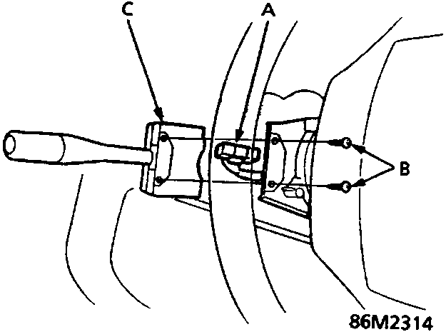 Diagram showing windscreen wiper/wash switch with callouts A (8-P connector), B (Screws), C (Windscreen wiper/wash switch).