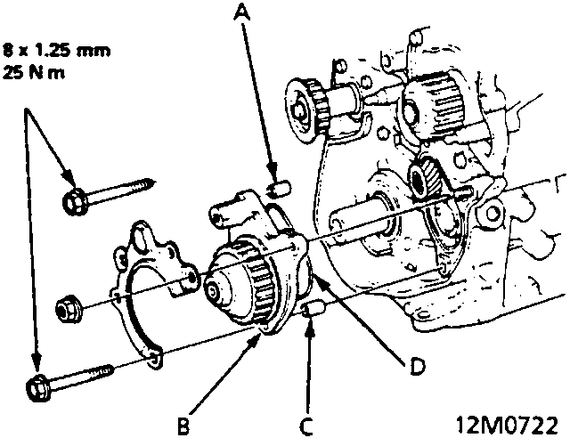 Diagram showing balancer gear case removal with bolts, dowel pins, and O-ring. Torque specification 8 x 1.25 mm 25 N m is printed in top left corner