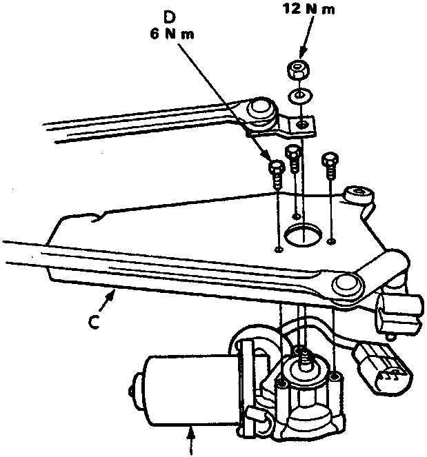 Diagram showing wiper motor, linkage assembly, mounting bolts, and torque values for nuts and bolts