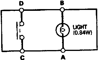 Circuit diagram for the headlight washer switch test showing terminals A, B, C, D and a light bulb