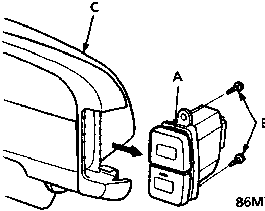 Diagram showing the headlight washer switch being removed from the instrument panel with callouts A, B, C