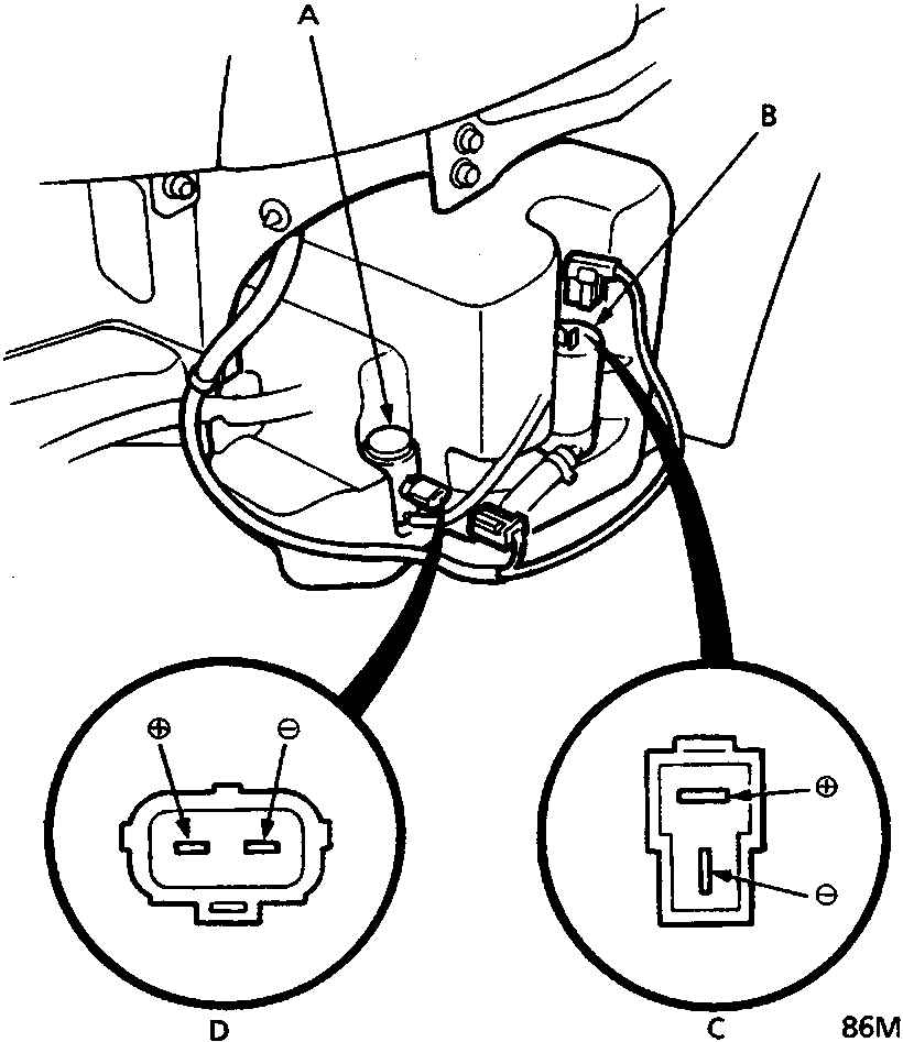 Diagram of windscreen and headlight washer motors with terminal views