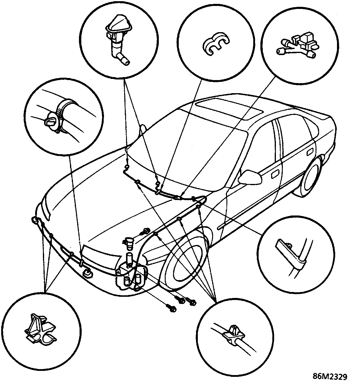 Diagram of the front vehicle area showing washer system components including filler neck, inner fender, hoses, connectors, reservoir, motor, and nozzles. Figure code 86M2329.