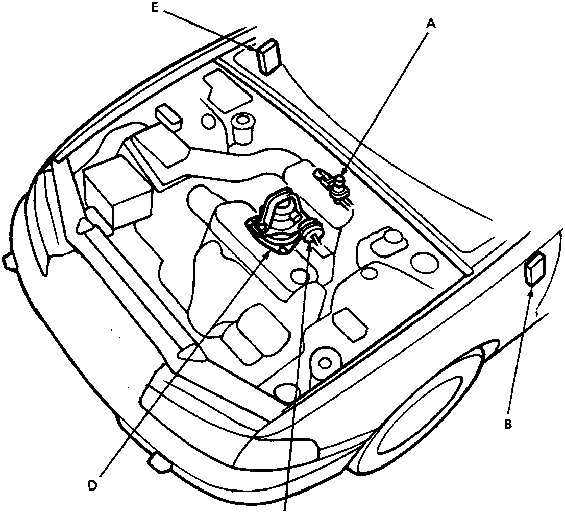 Diagram of engine bay showing component locations with callout letters A, B, C, D, and E pointing to specific parts. Figure number 86M2330 is printed below the diagram.
