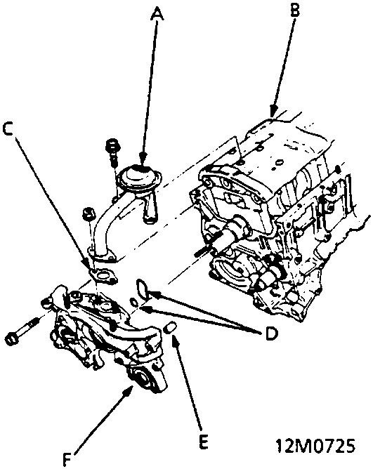 Exploded diagram of an oil pick-up strainer (A), baffle plate (B), gasket (C), O-rings (D), dowel pin (E), and oil pump (F) relative to the engine block.