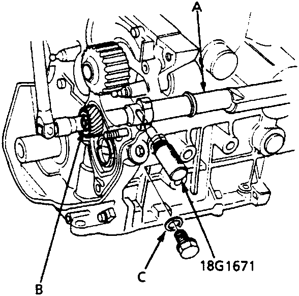 Diagram showing the rear balancer shaft (A), balancer driven gear (B), and washer (C), with special tool 18G1671 inserted.