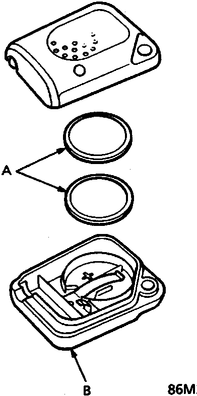 Exploded view of a transmitter showing the battery (A) and the transmitter housing (B), reference 86M2343