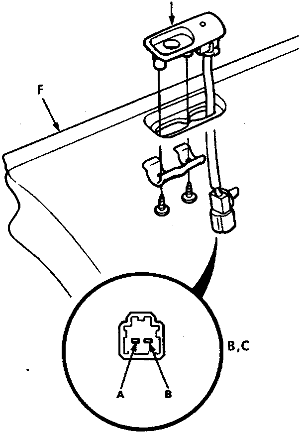 Door panel indicator assembly showing the indicator (A), door panel (F), and a close-up of the 2-P connector terminals (B, C), reference 86M2347