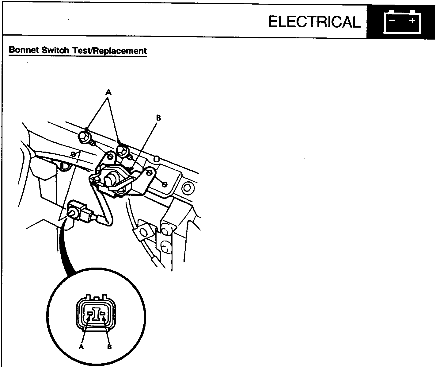 Diagram of bonnet switch assembly showing bolts A, hood switch B, and a circular inset view from the terminal side C showing the 2-P connector terminals A and B.