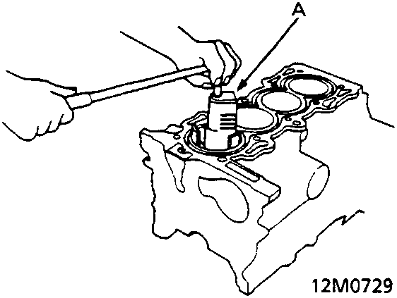 Ridge reamer tool (A) being used to remove material from the top of a cylinder