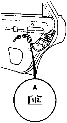Diagram showing the wiring connector location in the rear passenger door with a circular inset labeled A displaying a 2-pin connector view from the wire side. Figure number 86M2609.