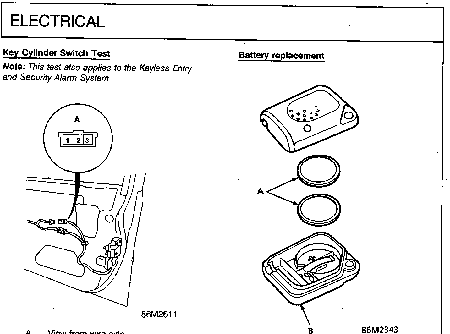 Diagram showing a connector labeled A with terminals 1, 2, and 3, connected to wiring under a dashboard. Caption: 86M2611. A View from wire side