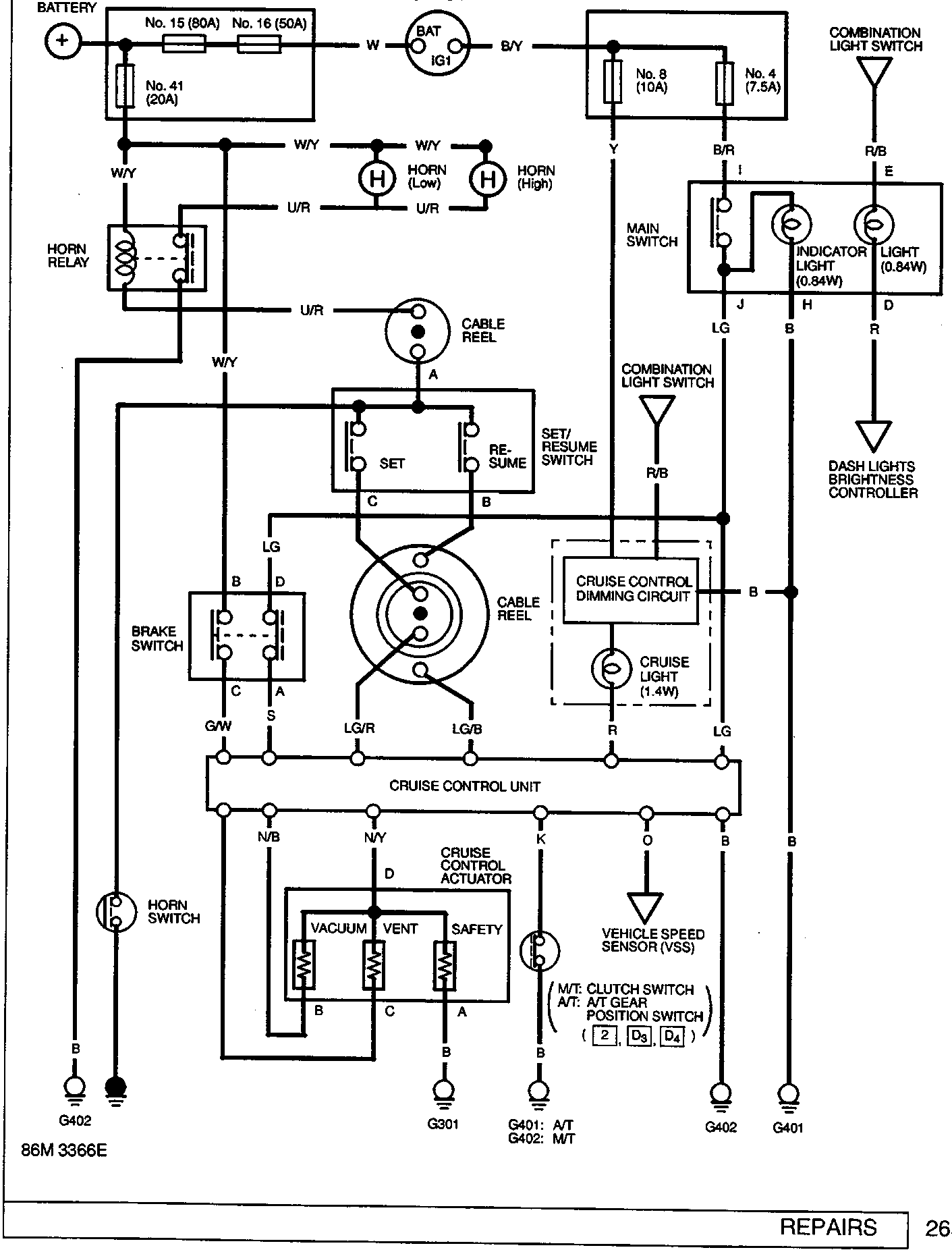 Electrical circuit diagram showing connections between battery, fuse/relay boxes, switches, cruise control unit, and various sensors
