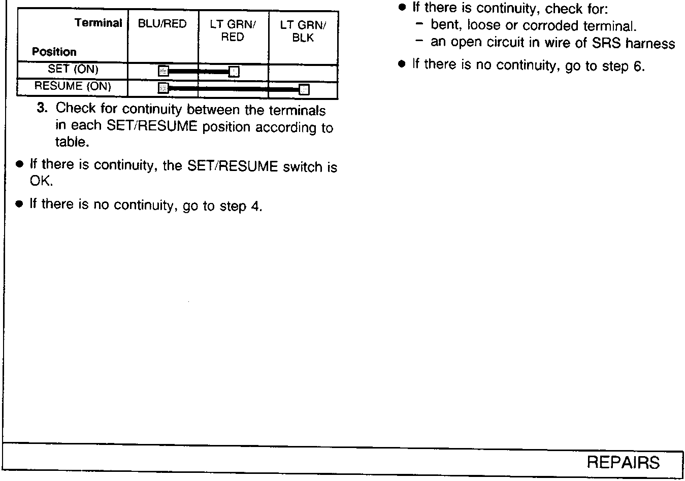 Table showing continuity check positions for terminals BLU/RED, LT GRN/RED, and LT GRN/BLK in SET (ON) and RESUME (ON) positions.