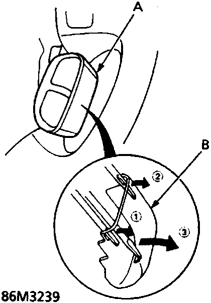 Diagram showing the removal sequence for the SET/RESUME switch cover, with callouts A and B and numbered steps 1, 2, 3 in a circular inset.