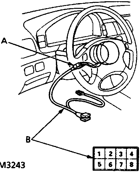 Diagram of steering wheel and dashboard area showing cable reel connector and test harness