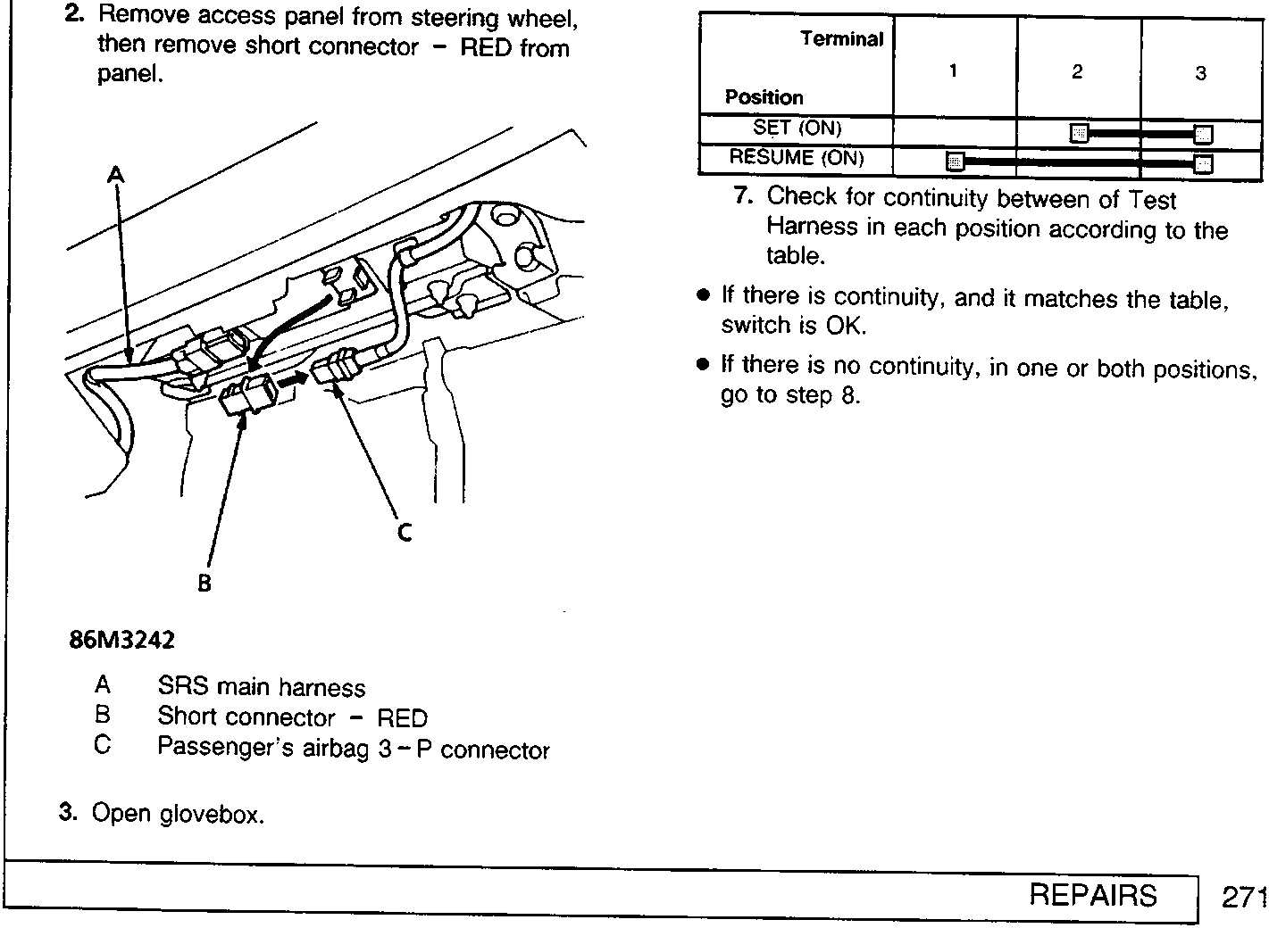 Diagram of steering column area showing SRS main harness, short connector, and passenger's airbag connector