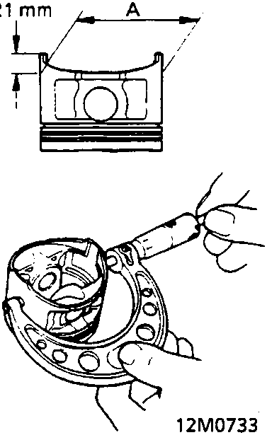 Diagram showing piston skirt diameter measurement point A located 21 mm from the bottom of the skirt, alongside a photo of a hand using a micrometer to measure the piston skirt.