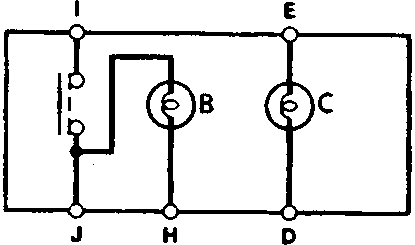 Circuit diagram for the main switch test showing terminals A, B, C, D, E, H, I, J and bulbs