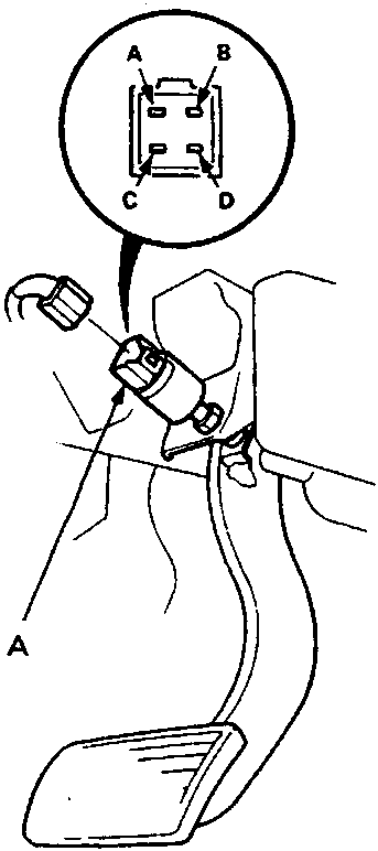 Diagram of brake pedal switch connector with terminals labeled A, B, C, D and callout A pointing to the switch assembly