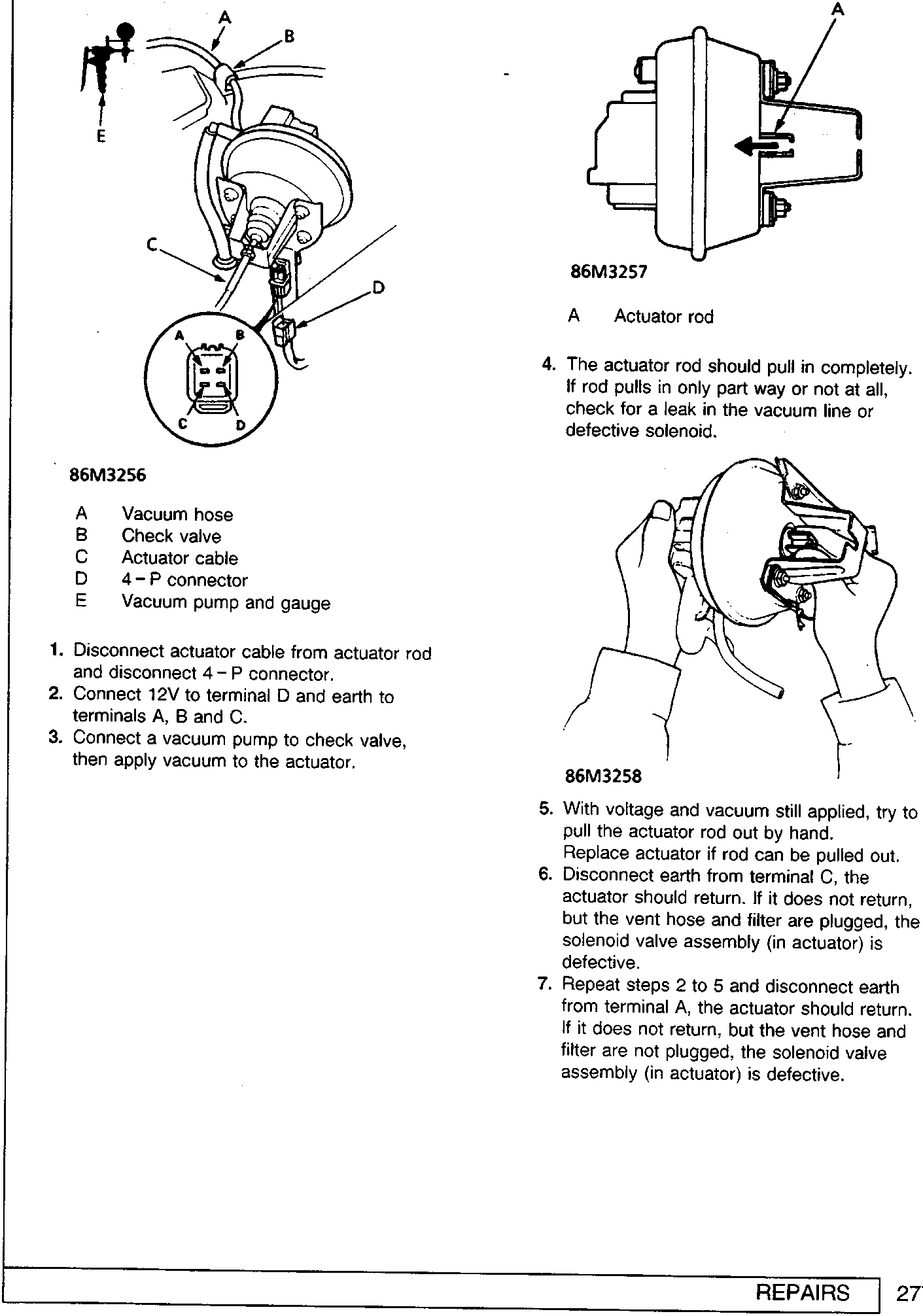 Diagram of actuator assembly showing vacuum hose, check valve, actuator cable, 4-P connector, and vacuum pump connection. A second diagram shows the actuator rod movement. A third diagram shows hands pulling the actuator rod.
