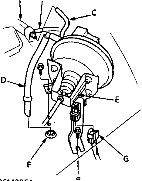 Diagram of actuator mounting showing vacuum hoses, vent hose, mounting bracket, grommet and 4-P connector