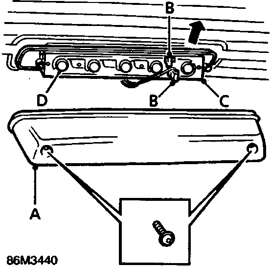 Diagram showing high mounted stop lamp assembly with cover, Lucar connectors, and mounting points