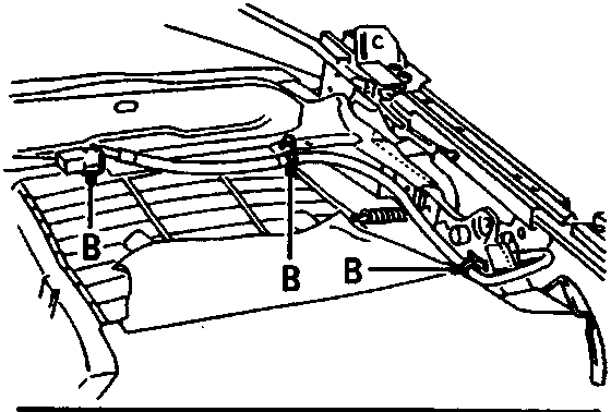 Diagram showing the underside of the seat with clips labeled B and a connector labeled C.