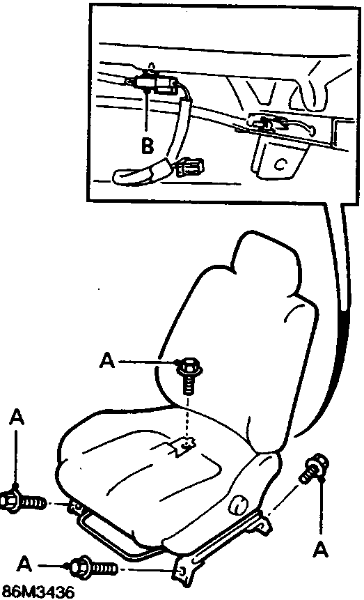 Diagram of driver's seat showing retaining bolts labeled A and seat belt harness connector labeled B.