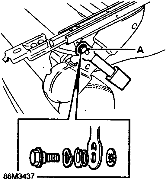 Diagram of the seat belt buckle anchor bolt assembly showing washers and retainer clips.