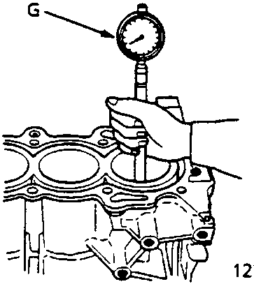 Diagram showing a hand using a cylinder bore gauge to measure the interior of a cylinder in the engine block.
