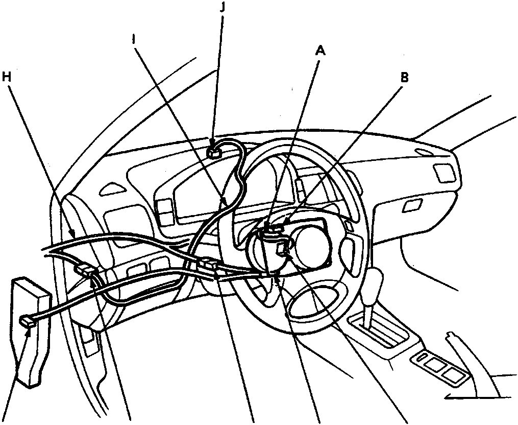 Diagram of steering column and dashboard wiring harnesses with callout letters A through J.