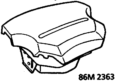 Line drawing of an airbag module with an arrow pointing upwards indicating the pad surface should face up.