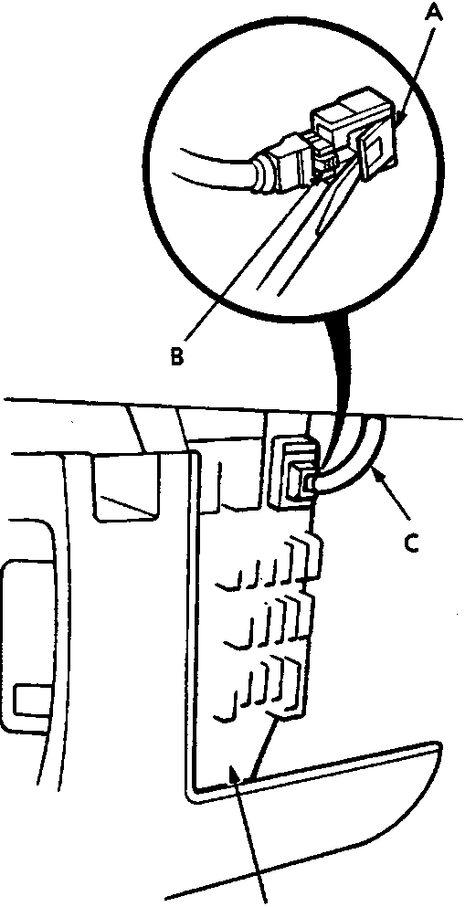 Diagram of the passenger compartment fuse relay box area showing the SRS main harness connector with callouts A (Lid), B (Tab), C (SRS main harness), and D (Passenger compartment fuse relay box)