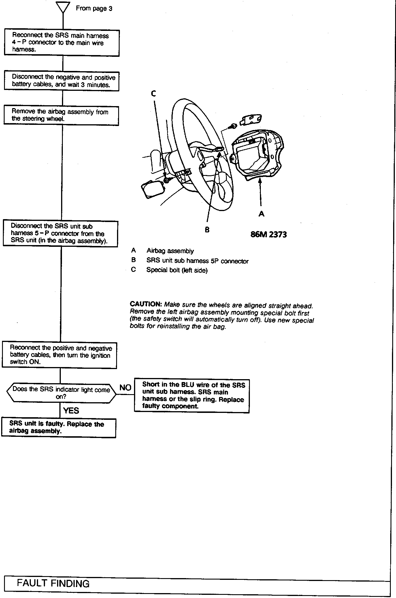Diagram of a steering wheel with an airbag assembly removed, showing labels A, B, and C pointing to specific components. Figure number 86M 2373 is printed below.