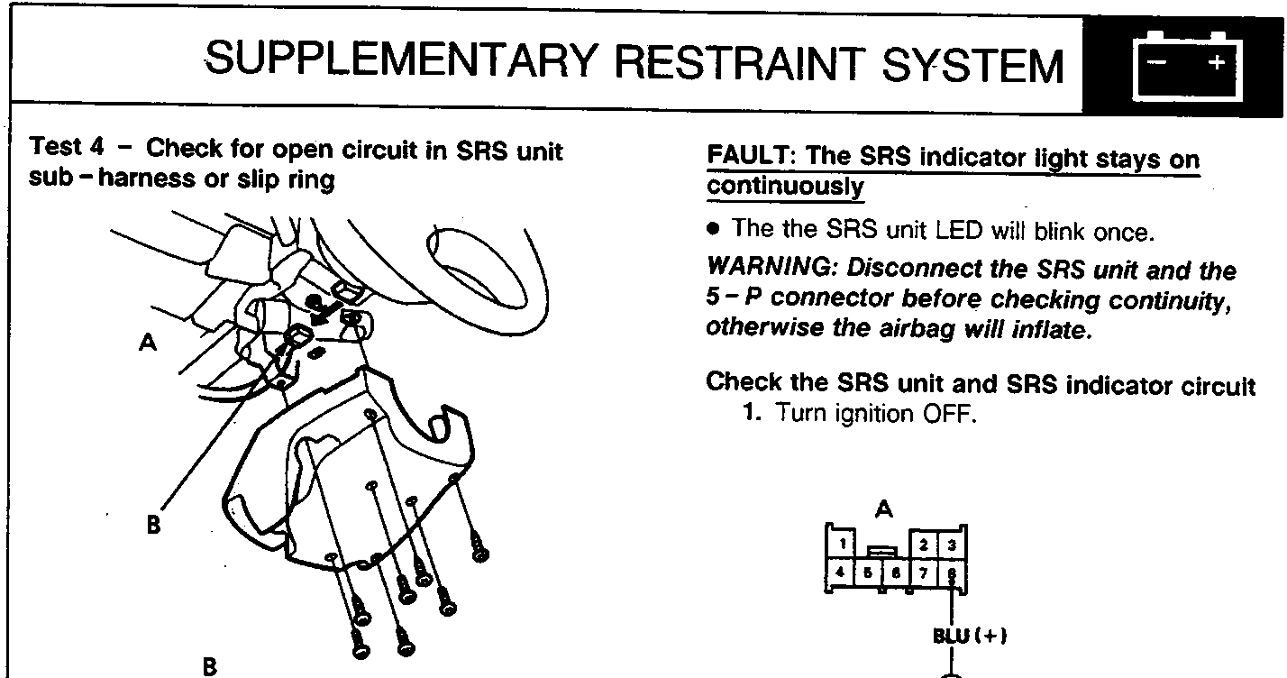 Diagram showing steering column components with callouts A and B, connected to a 5-pin connector diagram labeled 86M3274