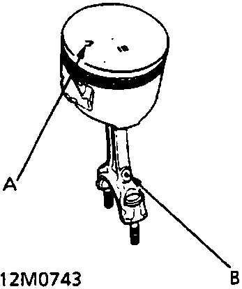 Diagram of a piston and connecting rod assembly with callout lines A and B, labeled 12M0743