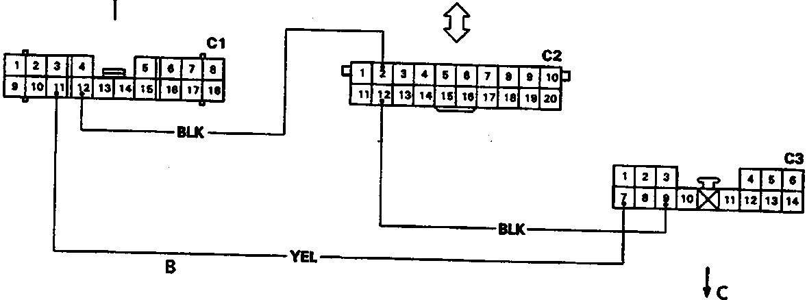 SRS Indicator Light Wiring Connections diagram showing connectors C1, C2, and C3 with wire colors BLK and YEL