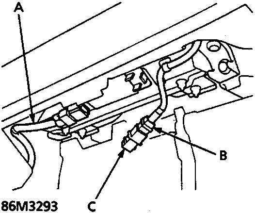 Diagram showing SRS main harness, passenger's airbag 3-P connector, and short connector (RED)