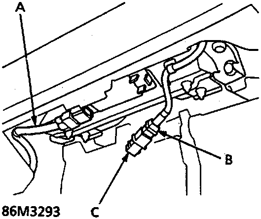 Under-dash wiring showing SRS main harness A, passenger's airbag 3-P connector B, and short connector C