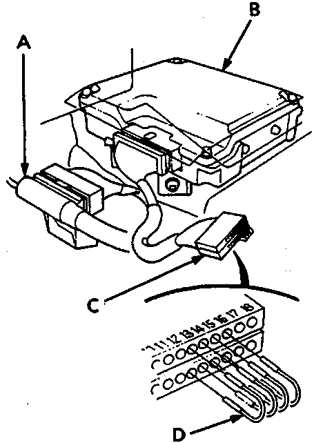 Diagram showing the SRS unit (B) with its main harness connector (A), test harness B (C) plugged in, and jumper wires (D) connected to specific pins on the harness connector.