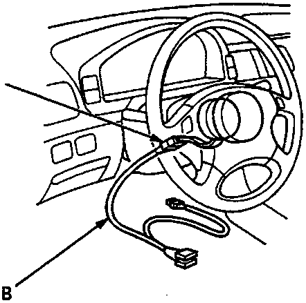 Diagram showing the steering wheel and dashboard area with callouts A (cable reel 6-P connector) and B (Test Harness C - SMD 4089) connected.