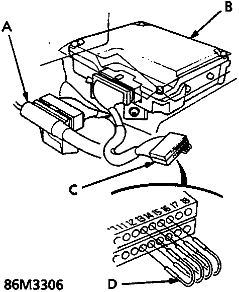 Diagram showing SRS main harness 18-P connector, SRS unit, Test Harness B, and jumper wires with labels A, B, C, D. Figure number 86M3306.