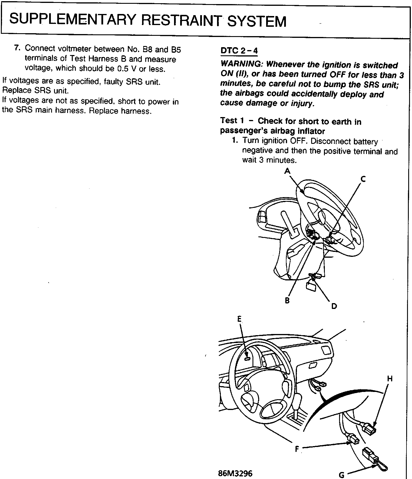 Diagram showing steering column and dashboard area with callouts A, B, C, D, E, F, G, H indicating various connectors and components. Figure number 86M3296.